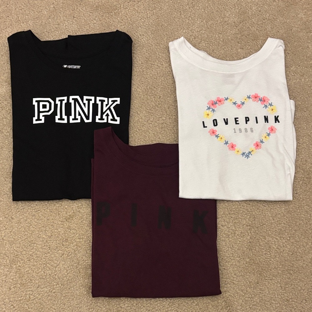 3 PINK Victoria's Secret Bundle of 3 Tees - Black, White, Purple - Size XS